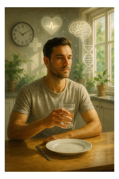 A realistic, cinematic illustration of a healthy, calm man in his early 30s sitting in a bright kitchen in the morning, with an empty plate in front of him and a glass of water in his hand, looking serene and focused. Behind him, the background shows subtle symbols of health: green plants, sunlight streaming in, and a blurred wall clock showing 10:00, symbolizing the fasting window. Above the man, a translucent overlay of medical icons (heart, brain, DNA strand) glows softly, illustrating that intermittent fasting acts as a powerful medicine, not merely a diet. The color palette is fresh and natural, emphasizing health, clarity, and focus. The style is realistic with slight cinematic tones, conveying that the man is using intermittent fasting as a tool for cellular regeneration, inflammation reduction, and health optimization rather than weight loss sticker