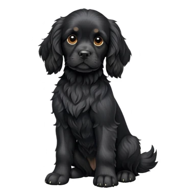 cinematic-[black cocker spaniel dog]-realistic-full-body-sitting-emoji,-tail-resting-loosely-beside-its-paws,-head-tilted-dramatically,-scruffy-[solid black]-fur,-simplified-yet-realistic-focused-features,-highly-detailed,-glowing-with-an-almost-sarcastic-glow sticker