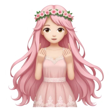 pastel anime woman with pink and white lace dress full body and long hair with flower crown sticker