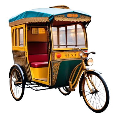 Cyclo rickshaw – Cinematic Realistic Cyclo Rickshaw, depicted as a charming, ornately painted three-wheeled cycle taxi with vintage detailing, set on bustling city streets under dynamic urban lighting that evokes cultural heritage and nostalgic charm. sticker