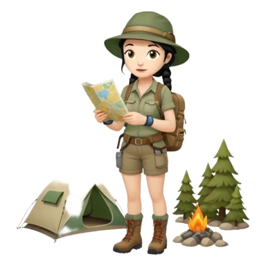 A braid black hair backpacking woman checking her map with curious eyes while walking wear camping hat and dirt covered boots full body sticker