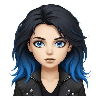 
 rockstar girl with long total black disheveled hair, blue eyes, Smokey eyes rockstar grunge makeup, rocking  sticker