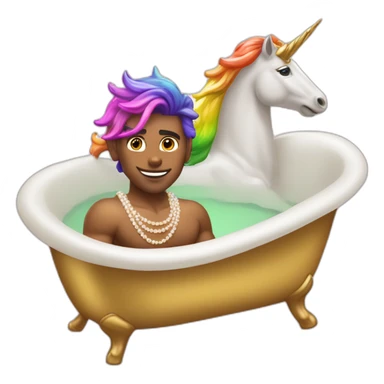 posh-muscle-boy-with-pearl-necklace-and-rainbow-unicorn-hair-in-golden-bathtub sticker
