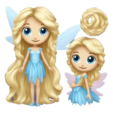 Create a blonde haired fairy with blue eyes and a pink dress. White wings. The fairy has long, curly hair with a lot of volume sticker