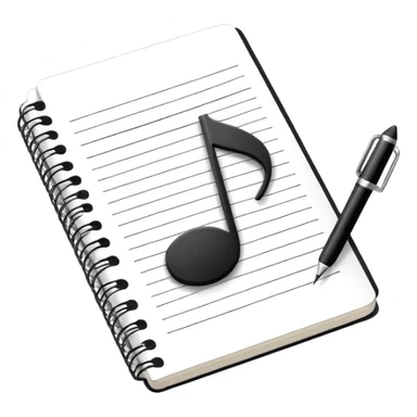 Minimalistic flat vector icon, iOS style, thin black contour on white background. Small notebook with a musical note on the cover, a pen placed next to it. Clean, modern, no text, no shadows. sticker