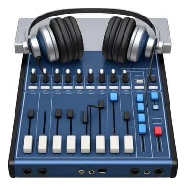 Create a professional and technical emoji that represents sound engineering. The design should feature a sound mixing console with faders, a pair of studio headphones, and audio waveforms to symbolize the precision and technicality of sound mixing and mastering. Include elements like a microphone or audio cables to reflect the recording aspect. Use colors like silver, black, and dark blue to represent the technical, yet artistic side of sound engineering. The background should be transparent. sticker