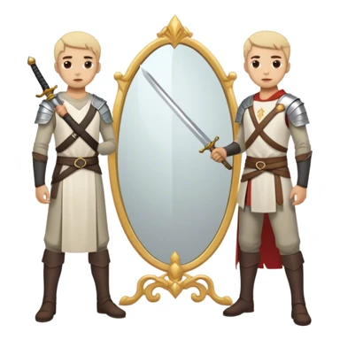 A person standing in front of a mirror, looking at their own reflection, while a sword on the ground beside them. The mirror represents self-awareness and acceptance sticker