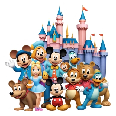Colorful icon for Animated Movies: A vibrant collage featuring iconic characters like Goofy, Mickey Mouse, Franco, Masha and the Bear and Luntik. Each character should be large and bright, set against a cheerful and playful background of Disneyland. Transparent background. sticker