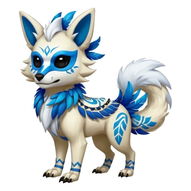 Furry cute colorful exotic tribal feral anime-styled Fakémon-Pokémon-animal-creature with a white wolf-skull-head-mask-face, and blue feathers around neck, with long furry ears, long furry tail, 4 legs, (full body), with intricate pattern-markings sticker