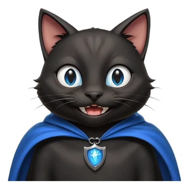 an all black anthropomorphic cat with blue eyes wears an all black cape and is smiling a mischievous sharp tooth grin sticker