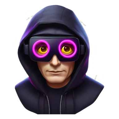 Vladimir Putin wearing a black hoodie with "OMG" letters on it and VR headset oculus quest 2 in a cyberpunk VR environment with violet neon lighting. sticker