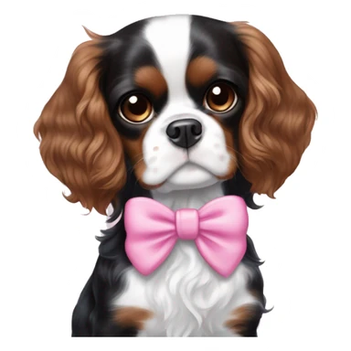 black and white cavalier king charles spaniel with a pink bow held by a white girl with brown curly hair with highlights, blue eyes sticker