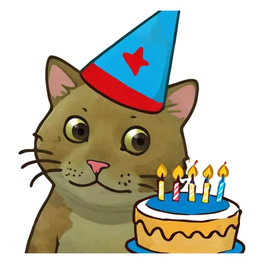 ginger tabby kitten with birthday hat and cake, surrounded by balloons and presents, joyful mood sticker