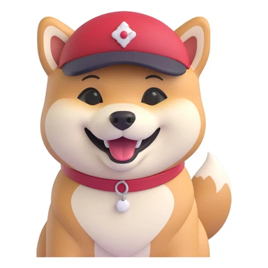 cartoon style Shiba Inu with a wide smile and red hat sticker