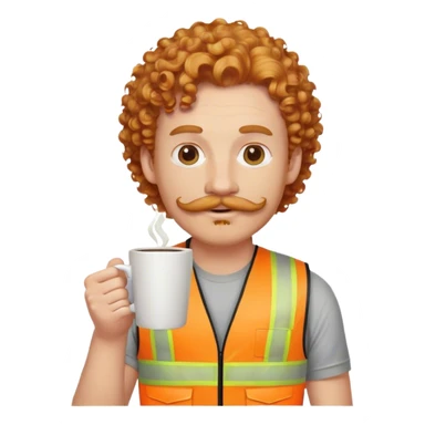 man with strawberry blonde curly hair and a thick mustache holding a coffee cup and wearing a his vis vest sticker