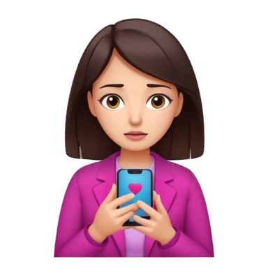 Social media manager. She has dark brown hair, brown eyes, overwhelmed expression, tired eyes, slightly stressed face,a holding a smartphone with notifications piling up. Use vibrant colors with a focus on pink and fuchsia tone sticker