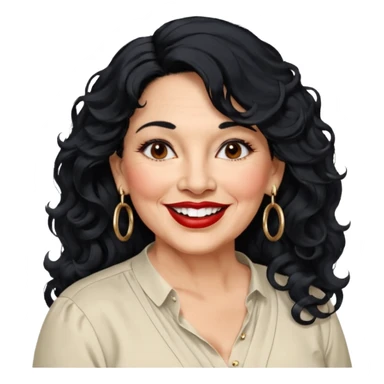 60 yr old Mexican woman, slightly chubby, wavy/curly long black hair, red lipstick, big smile, white teeth, brown eyes, hoop earings, side part to hair, round face, nice blouse, no wrinkle hair side swept, big hoop earing sticker