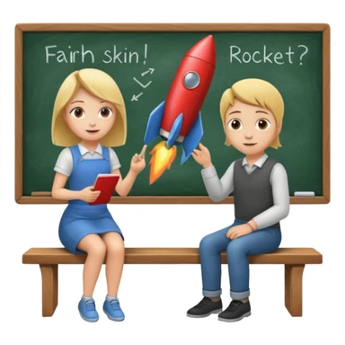 Girl is teaching a guy how to make rocket emojis. Girl at blackboard, guy on bench learning. sticker