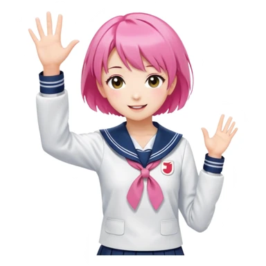Anime girl with short bright pink hair wearing Japanese sailor style school uniform, composed posture with hand on hip but energetically waving with other hand, excited smile and happy eyes sticker