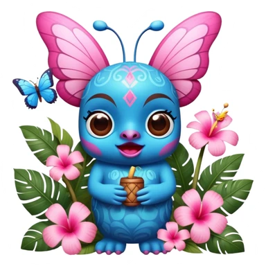 Pixar style little Blue and pink tiki singing with a butterfly and tropical flowers, ultra detailed and lifelike imagery, realistic sticker