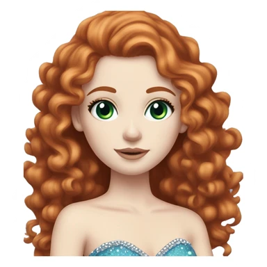  Red long hair curly girl, pale skin, white foundation, purple eyeshadow, with green eyes and a blue bedazzled dress with a small tiara on her head, with mascara on her eyes blue dress pale skin sticker