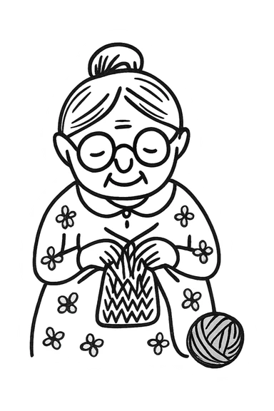 a very old lady grandma wearing glasses knitting hair in a bun floral dress hand drawn style sticker