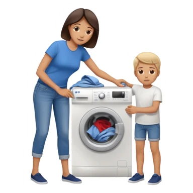 Mother and boy putting clothes in the washing machine sticker