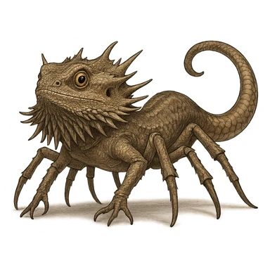 a mythical animal that merges a bearded dragon's spiky beard, a snake's tail, and a spider's eight legs, designed as a single cohesive being, fantasy creature, detailed sticker