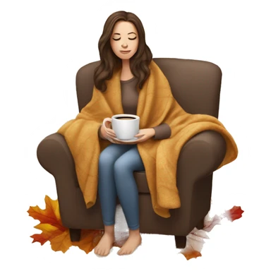 Brunette white girl covered in blanket autumn vibe sitting on a cozy chair holding coffee eyes closed sticker