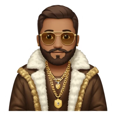 émoji homme barbu, cheveux bruns plaqués collés au crane avec raie au milieu, grosses lunettes de soleil rectangulaires à grosse branches, gros bijoux en or (chaine, montre,) manteau de fourrure très fluffy sur les épaules sourire en coin, boucles d'oreilles sticker