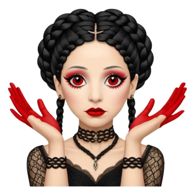 Lene Lovich as seen on the Stateless album cover with a typical symmetrical pose with her hands, lots of lace and braided hair sticker