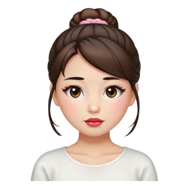 “japanese style Emoji brunette girl hair in bun white top, dewy skin, heavy blush across cheeks and nose bridge, glossy cherry lips, soft eyeliner, teary sparkling eyes sticker