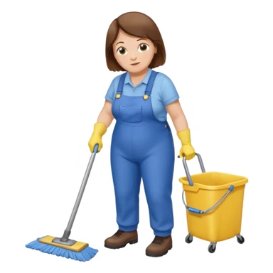 old and fat women, brown hair, Custodian with yellow rubber gloves, white T-shirt, blue overalls, mopping floor sticker