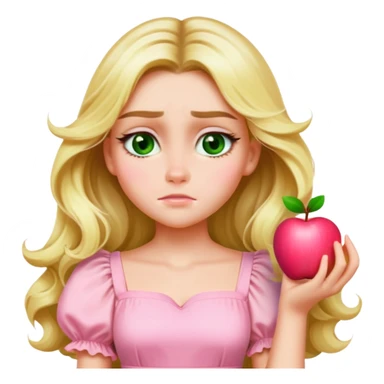 Create an emoji-style illustration of a blonde girl with long wavy hair, green eyes, and a pink pastel puff-sleeve dress, matching the Apple emoji style of the reference image. Keep her facial features, hairstyle, and outfit identical. Generate a joyful expression. sticker