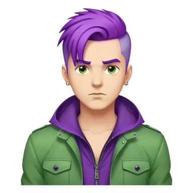 Man with stylish green jacket and purple hair, strong pose, bold expression, modern clothing style sticker