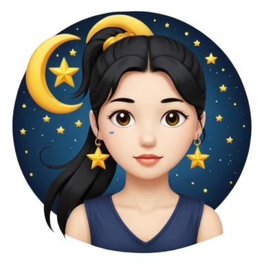 girl with black ponytail, sun, moon, star sticker