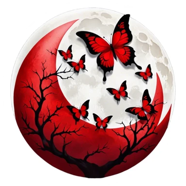 red Blood red moon, crimson butterflies with cracked porcelain red wings in gothic style sticker