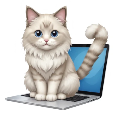Cute ragdoll cat on a laptop. Should sit on top of the laptop, cat is way bigger than the laptop. Could walk on the laptop or sit. I liked the first one but remove the blue on the cat, Please make the brown parts light grey sticker