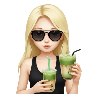 Blonde girl with pale skin and long hair with black sunglasses in black tank top and iced matcha latte sticker