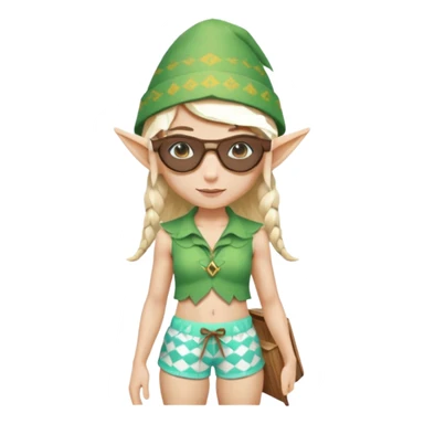 elf female legolas portrait, patterned board shorts (geometric/abstract), unique wooden-framed sunglasses, undercut hairstyle, slight smirk, visible pointy ears, no background, centered emoji, hipster summer vibe coctails with summer hat sticker