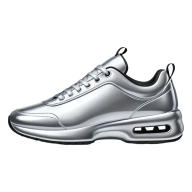A pair of futuristic sneakers emoji made of silver chrome, sleek streetwear design, smooth metallic panels, subtle reflections, luxury swag aesthetic, iOS emoji style, centered, clean white background sticker