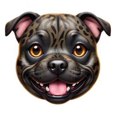 Cinematic Comical Black/Brindle Staffordshire Bull Terrier Portrait Emoji, Head tilted dramatically with an exaggeratedly amused expression, featuring a striking Fur with bold black and brindle patterns, wide, expressive dark eyes filled with playful disbelief, Simplified yet hilariously expressive features, highly detailed, glowing with a slightly sassy glow, high shine, dramatic yet playful, stylized with an air of cheeky mischief, bright and endearing, soft glowing outline, capturing the essence of a spirited and over-the-top guardian, so meme-worthy it feels like it could side-eye its way into internet fame instantly! sticker