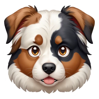 Cinematic Grumpy Calico Australian Shepherd Portrait Emoji, Head tilted slightly with a deeply unimpressed expression, thick predominantly white fur with distinct black, tan, and red merle calico patches, large, droopy blue eyes narrowed into an unamused glare, ears slightly drooping in exasperation, Simplified yet comically expressive features, highly detailed, glowing with a dry, sarcastic glow, high shine, effortlessly judgmental yet dignified, stylized with a touch of cynicism, bright but brooding, soft glowing outline, capturing the essence of an eternally unimpressed yet endearing pup, so lifelike it feels like it could sigh heavily at you in disdain at any moment! sticker