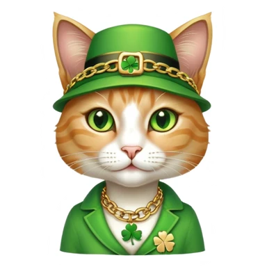 female cat dressed in hip-hop Run DMC style, green outfit, shamrock accessories, gold chains, bling, St. Patrick's Day sticker