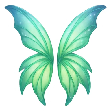 Create an emoji-style image of a pair of fairy wings. The wings should be primarily light green with subtle blue accents. They should have a shimmering, glittery effect to make them look magical and ethereal. sticker