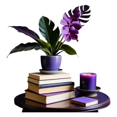 An elegant still life composition featuring a carefully arranged stack of books in shades of light and dark violet, their covers slightly worn, hinting at wisdom and time. A gracefully potted monstera plant with lavender-colored leaves extends its delicate, sculptural foliage, casting soft shadows. A glass candle holder in a rich purple orchid hue sits nearby, its surface reflecting ambient light. To complete the scene, a silky mauve ribbon drapes over the books, and a subtle lilac-hued ceramic vase holds a single dried flower, enhancing the refined and serene atmosphere. sticker
