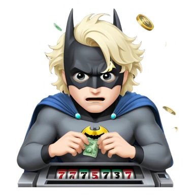 disheveled bat man losing money at a slot machine, panicked face, coins flying sticker