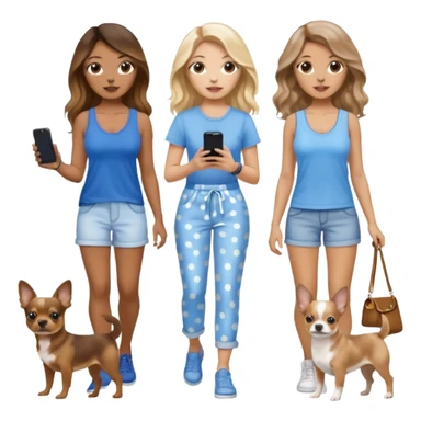 Three women in summer clothes holding iPhone, hazel eyed light skin with dark blonde long hair and light skin Brown eyed brown long wavy hair, blue eyed light skin long blonde hair walking 2 different dogs that are blue spotted Merle Frenchie, black and tan chihuahua  sticker