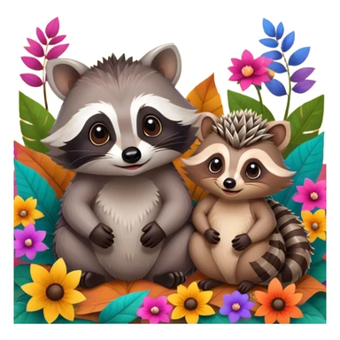Collage of an exotic raccoon and a hedgehog, both with cute expressions, sitting together on a bed of colorful leaves and flowers. The raccoon is holding a shiny object, while the hedgehog curls up in a playful pose. Bright, nature-inspired background with vibrant colors. sticker