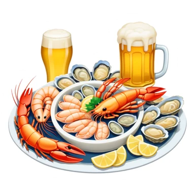 Qingdao seafood with beer, simplified emoji style with bold outlines and bright colors, cartoon style Chinese seafood platter with yellow beer sticker